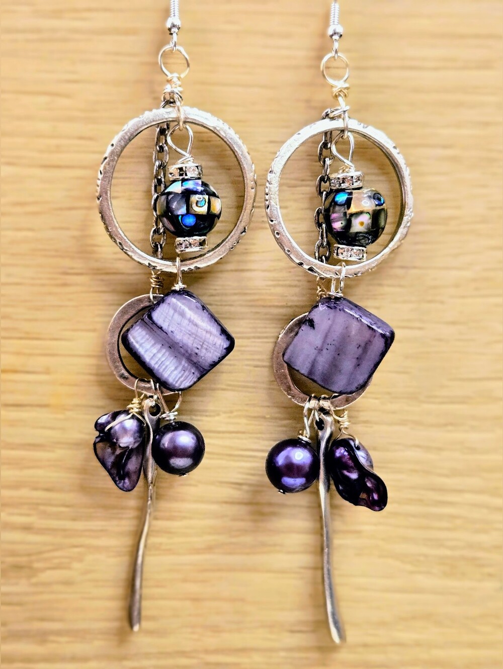 Long Geometric Natural Abalone & Pearls in Artisan Made Sterling Earrings